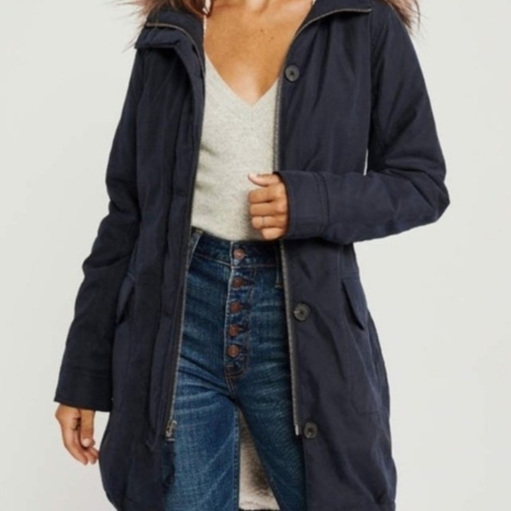 Abercrombie Fitch Sherpa Lined‎ Parka Jacket Navy Blue Hooded Womens Size S